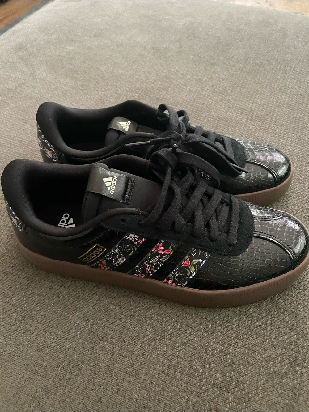 adidas Black Floral-Accent stripe Sneakers; worn twice.